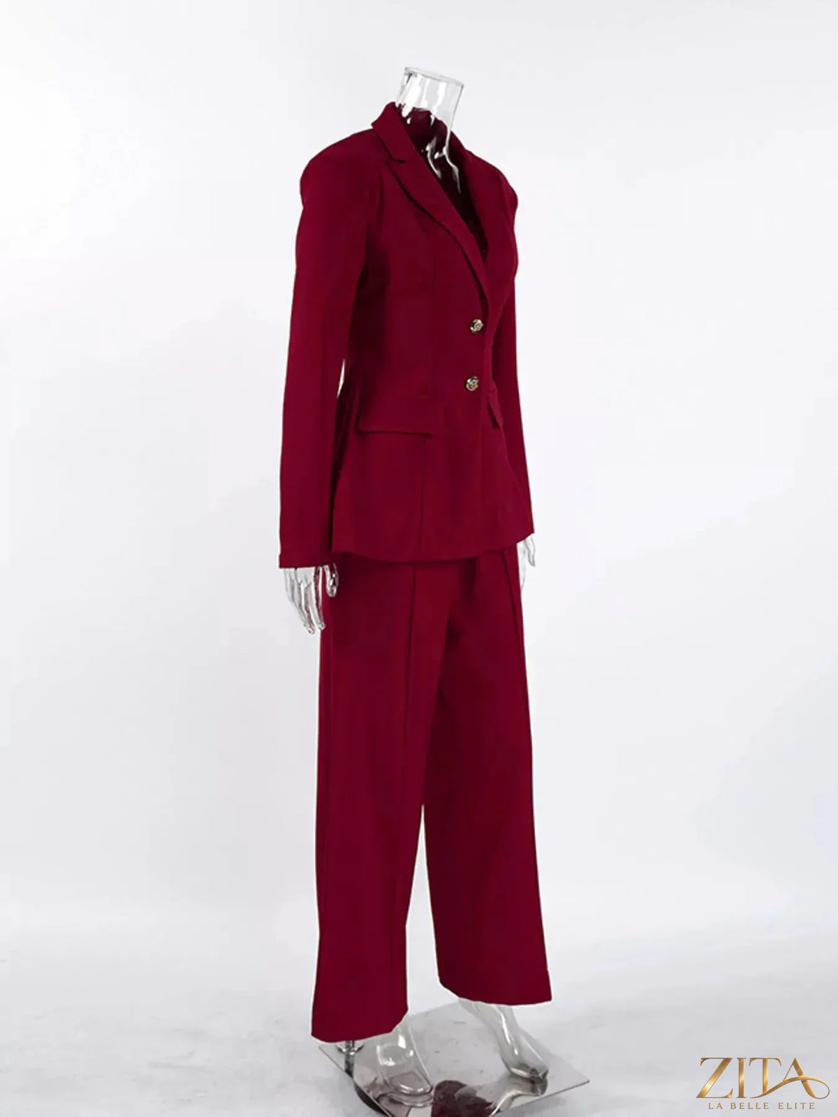 Zita La Belle Elite single-breasted blazer and wide-leg pants set, tailored fit, in neutral fabric, shown on a model.