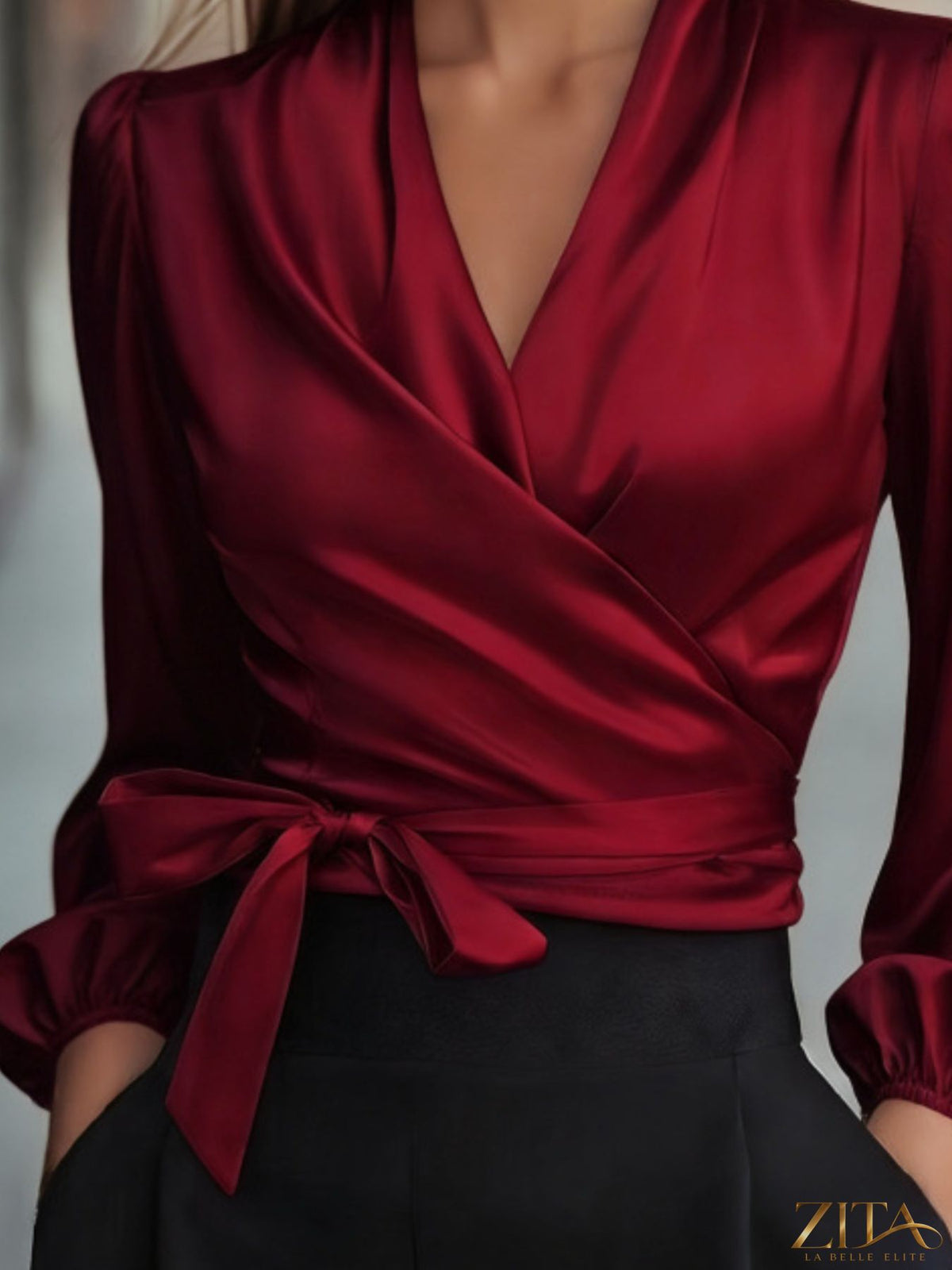 Zita La Belle Elite satin tie waist wrap blouse in elegant fabric, featuring a flattering fit and stylish design.