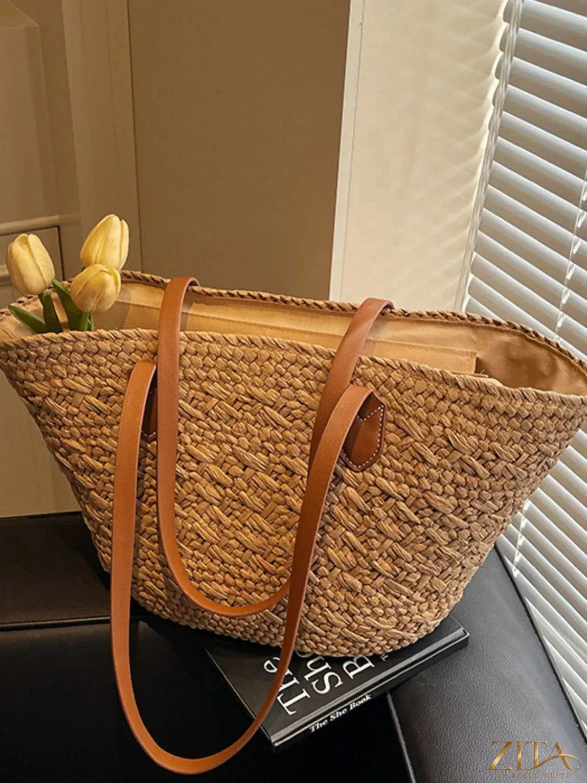 Zita La Belle Elite woven tote shoulder bag with leather handles and spacious interior, ideal for casual or beach outings.