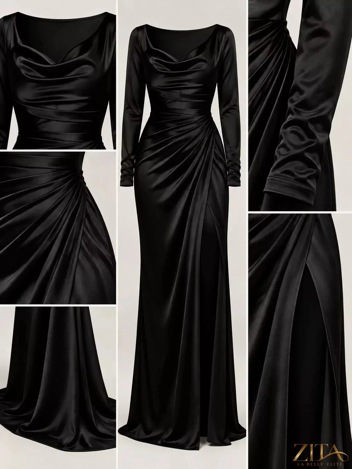 Zita La Belle Elite full size satin cowl neck evening maxi dress with high slit, plus size, elegant formal gown.