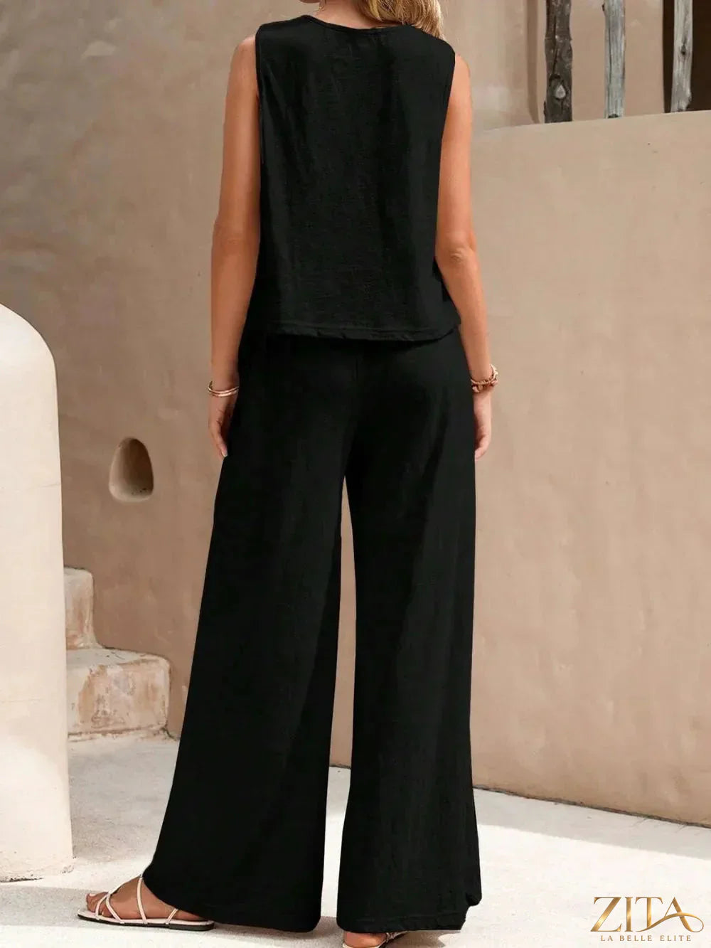 Zita La Belle Elite round neck sleeveless top and wide-leg pants set, stylish and comfortable for casual wear.