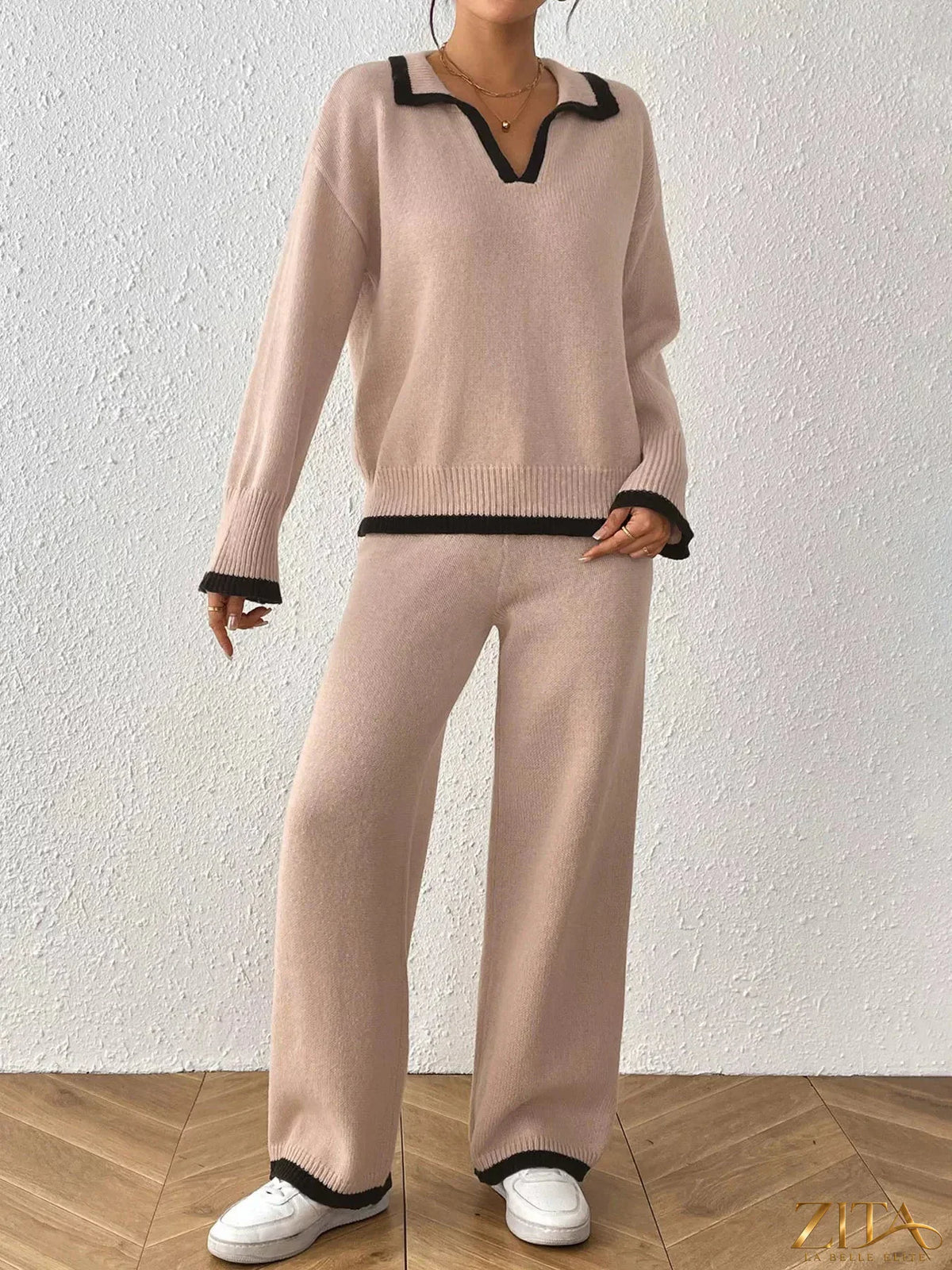 Zita La Belle Elite contrast trim polo collar top and pants sweater set, featuring a coordinated knit design and stylish detailing.