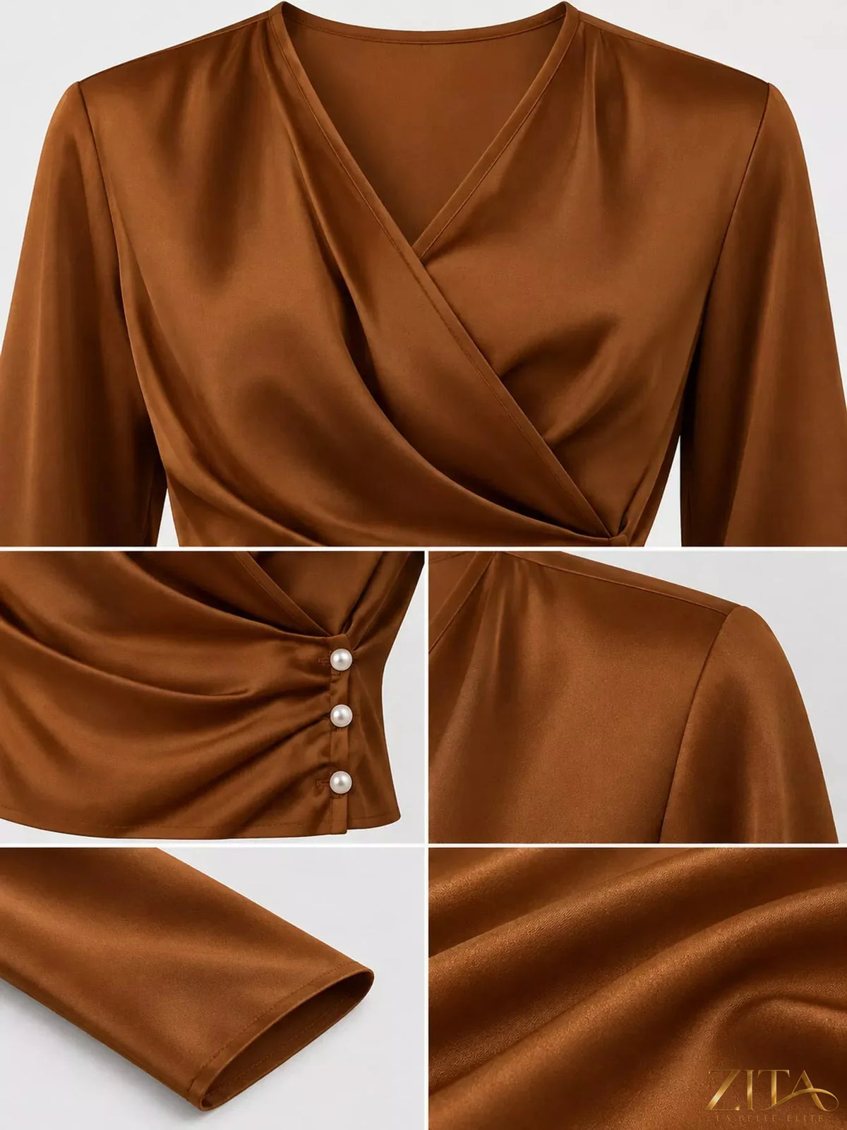 Zita La Belle Elite satin surplice long sleeve blouse with elegant draping and a smooth, shiny fabric in a stylish design