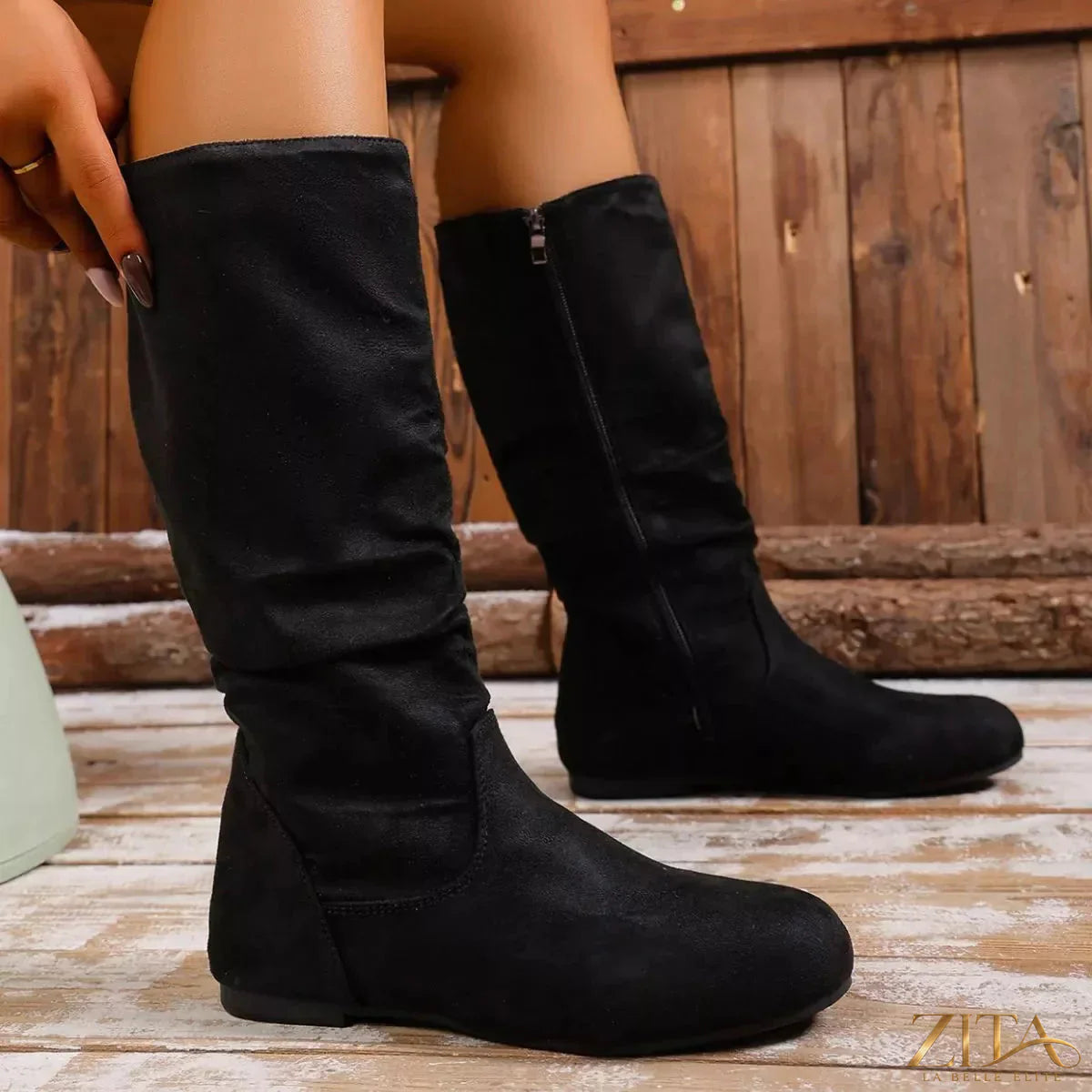 Zita La Belle Elite round toe side zip boots in black leather with a sleek design and low heel.