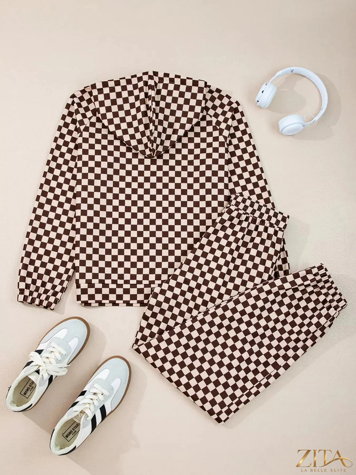 Zita La Belle Elite checkered hoodie and pants set with drawstrings, featuring a stylish black and white pattern and casual fit.