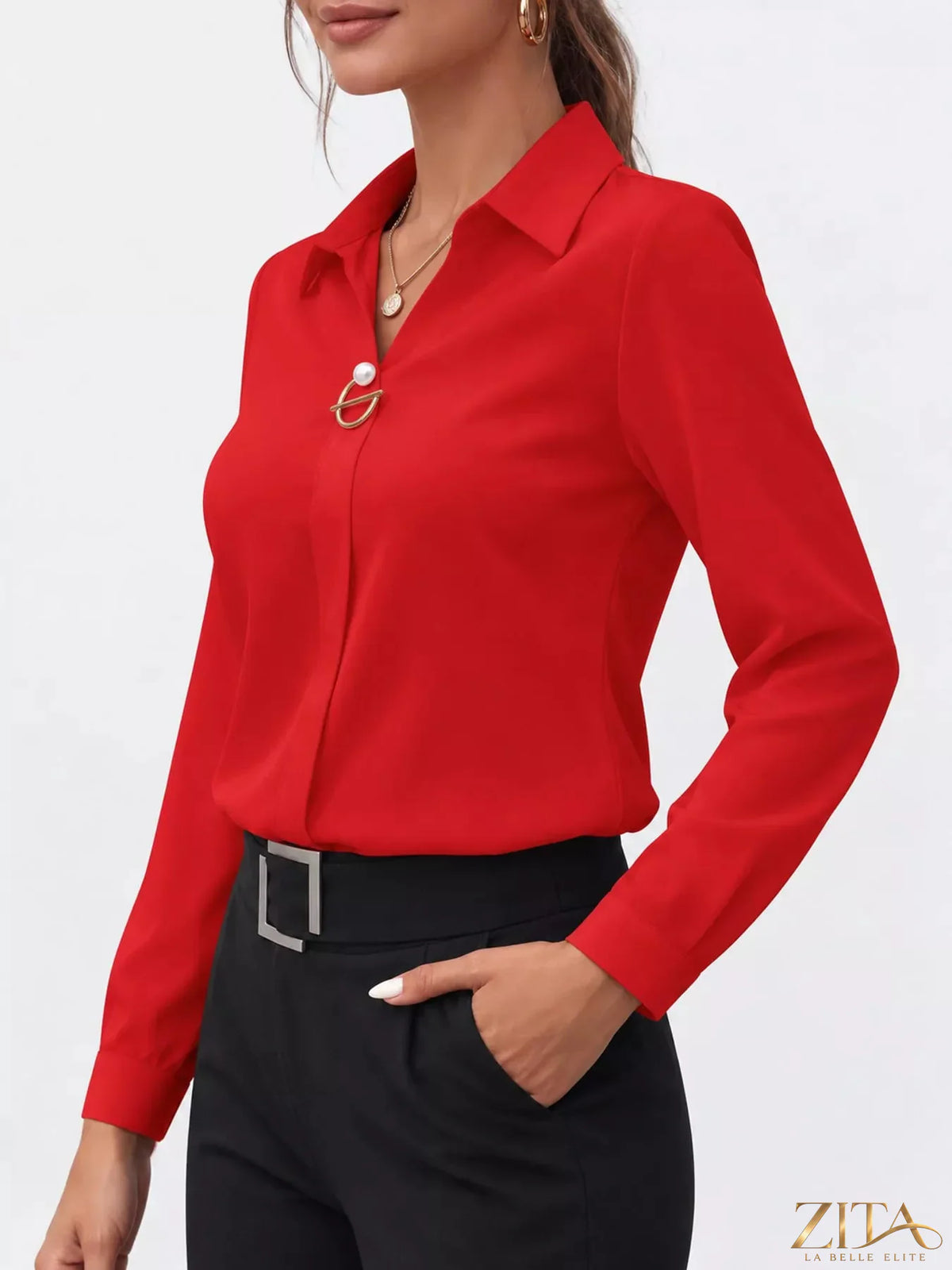 Zita La Belle Elite long sleeve satin blouse in elegant fabric, featuring a smooth, shiny finish and classic collar.