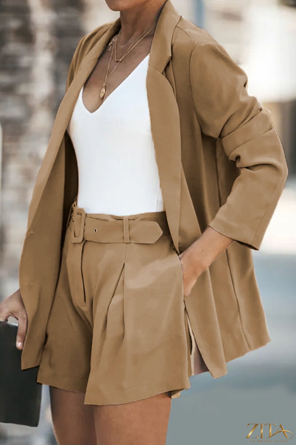 Zita La Belle Elite longline blazer and shorts set with pockets, styled together for a chic, coordinated look.