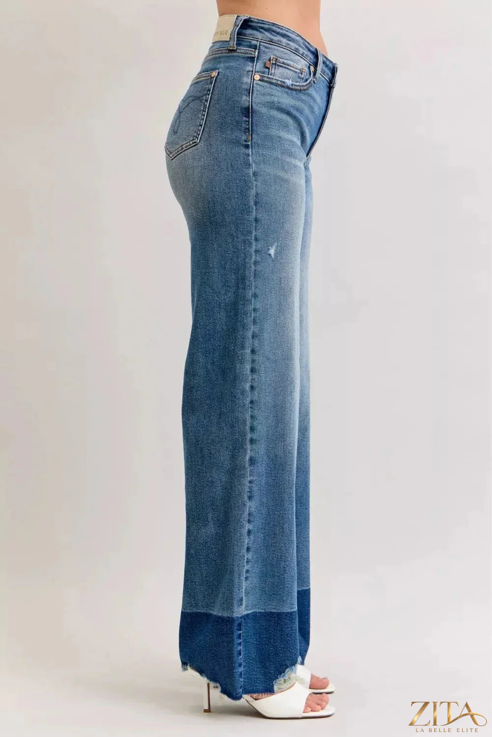 Zita La Belle Elite Judy Blue raw hem high waist column straight jeans displayed on a model, showcasing trendy denim and fit.