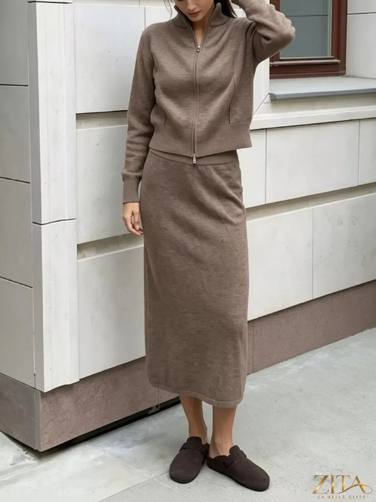 Zita La Belle Elite zip-up mock neck cardigan and matching midi skirt sweater set, with soft knit fabric and stylish design.