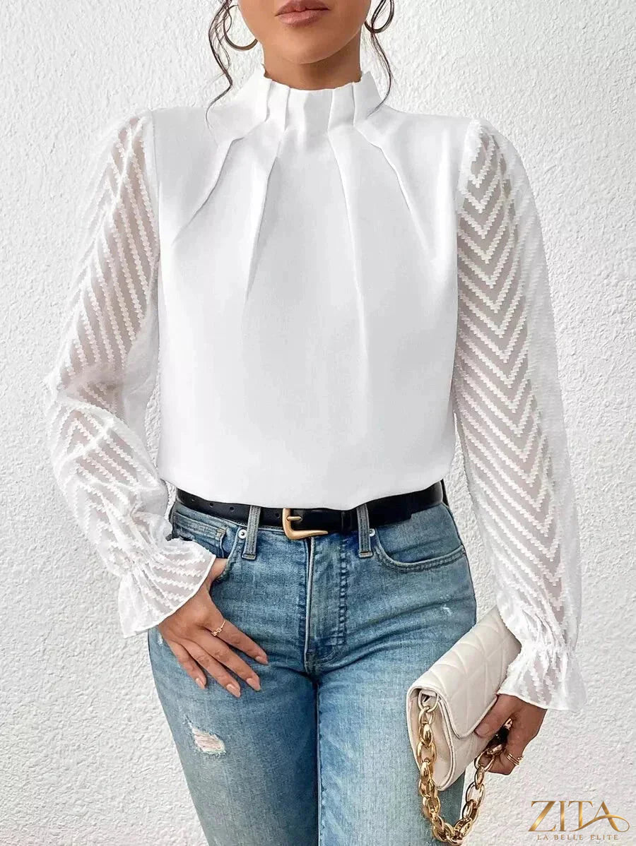 Zita La Belle Elite mock neck blouse with sheer lace sleeves, elegant and feminine, featuring intricate lace detailing.
