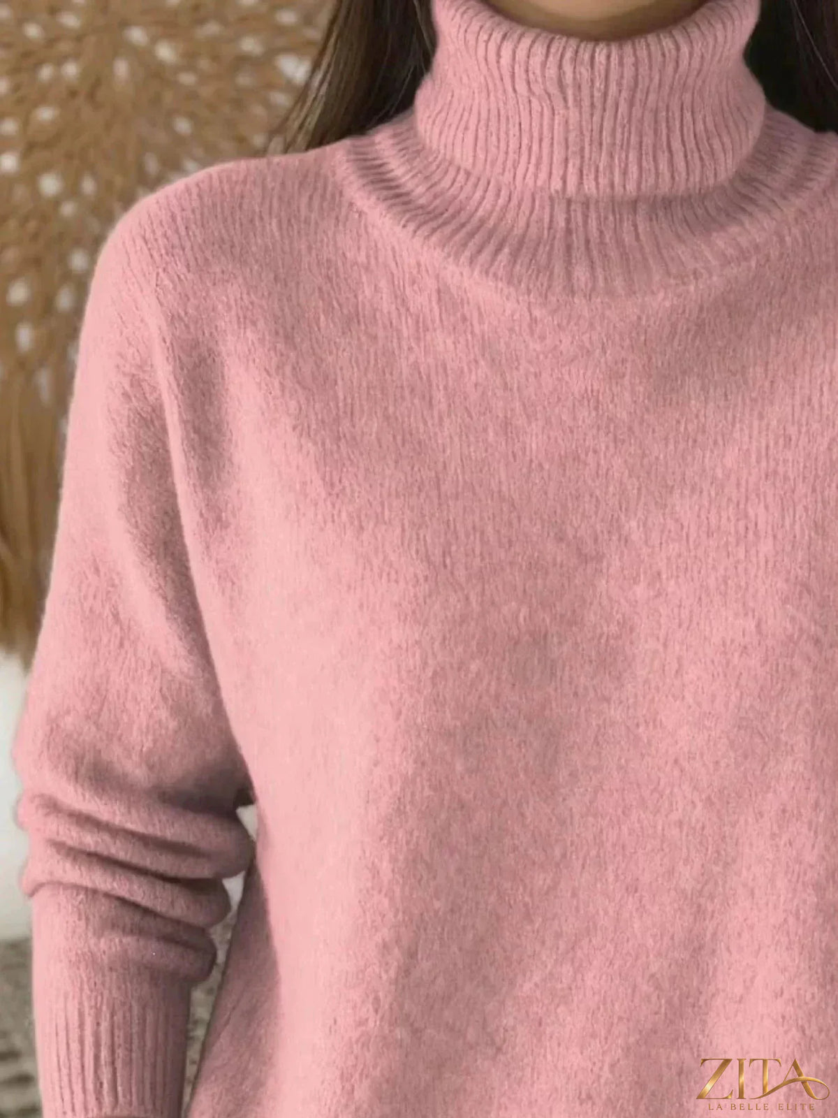 Trendsi turtleneck long sleeve sweater in soft knit fabric, shown in a close-up of the beige color and fitted style.