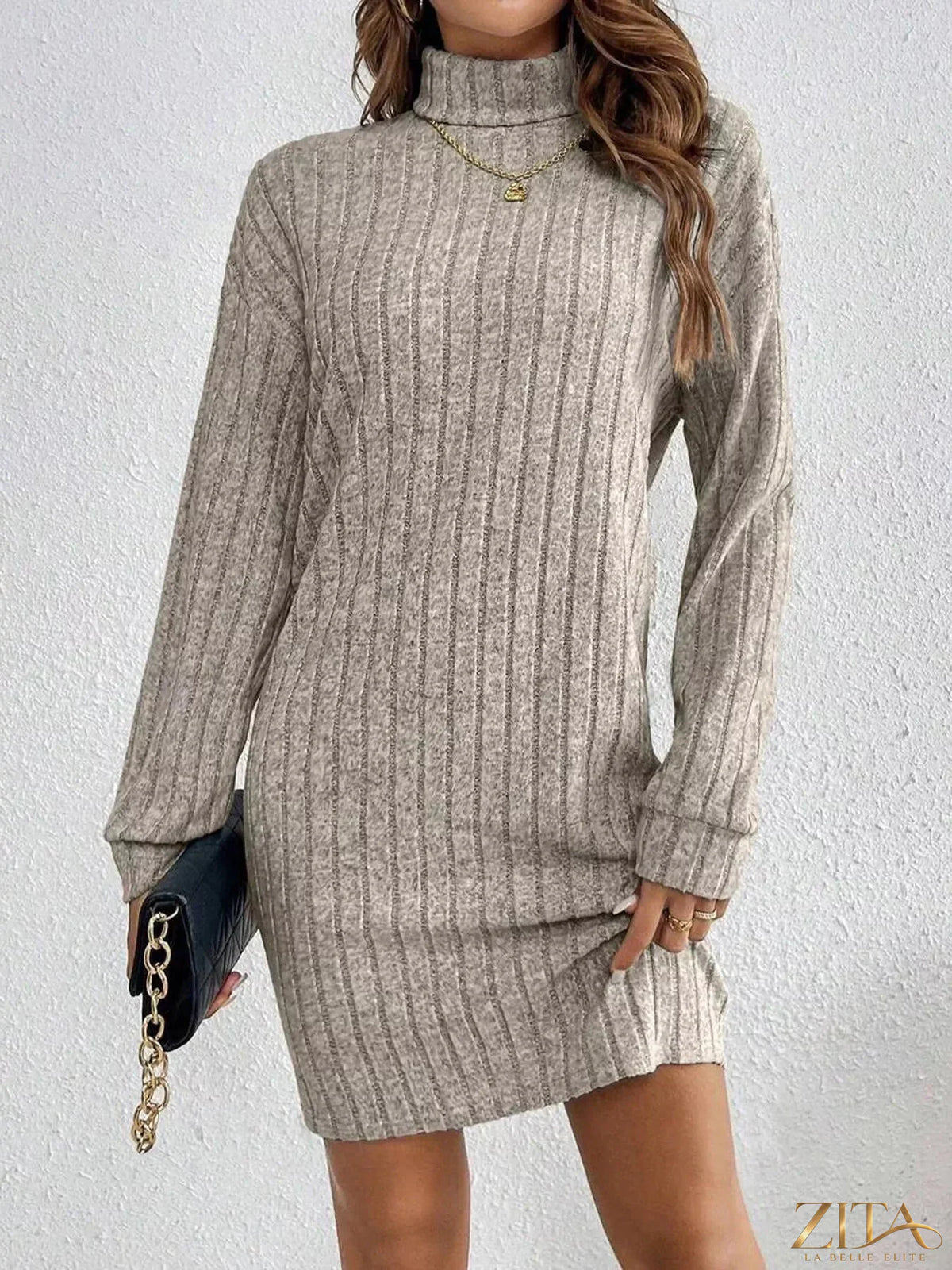 Zita La Belle Elite ribbed knit turtleneck dress in cozy, fitted design with long sleeves and textured fabric.