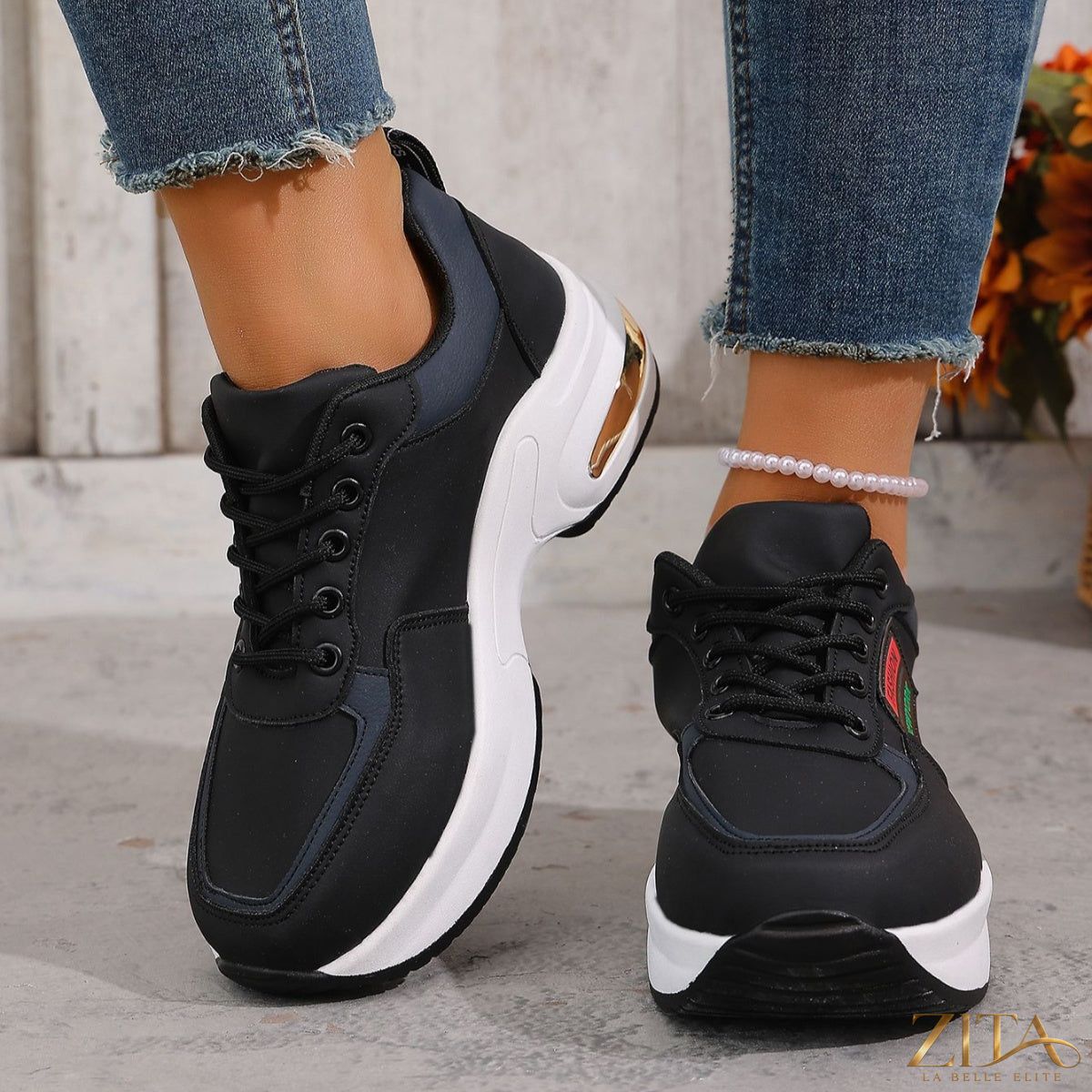 Zita La Belle Elite round toe lace-up sneakers in white with rubber sole and stylish design.
