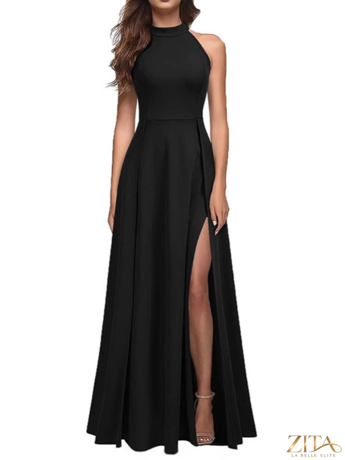 Zita La Belle Elite sleeveless slit maxi dress in flowing fabric, elegant design perfect for formal or summer occasions.