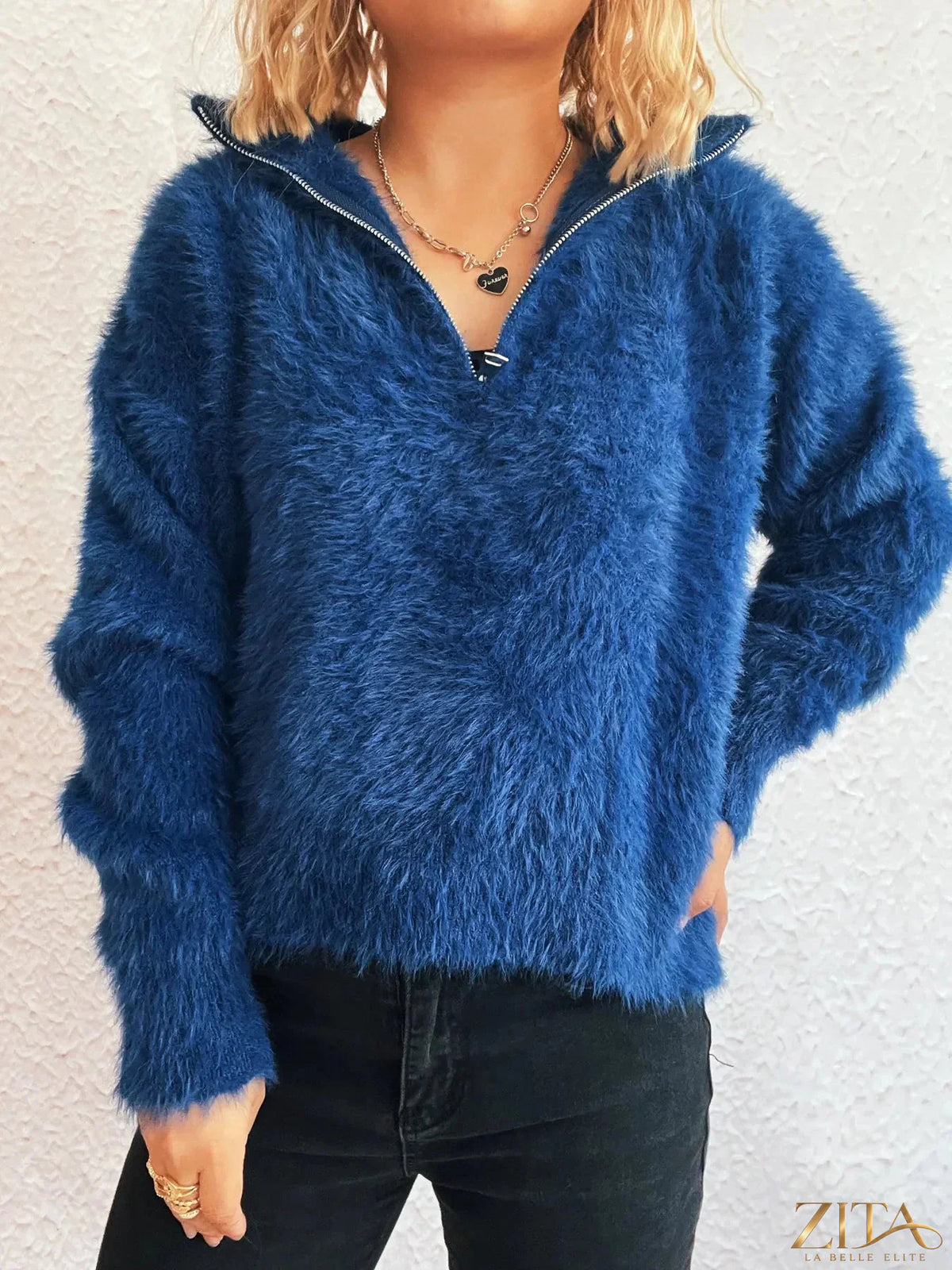 Zita La Belle Elite cozy fuzzy half-zip sweater in soft material, featuring a relaxed fit and stylish design.