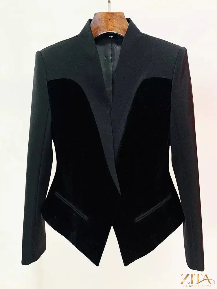 Velvet-paneled blazer with stand-up collar from Zita La Belle Elite, featuring a tailored fit and elegant design.