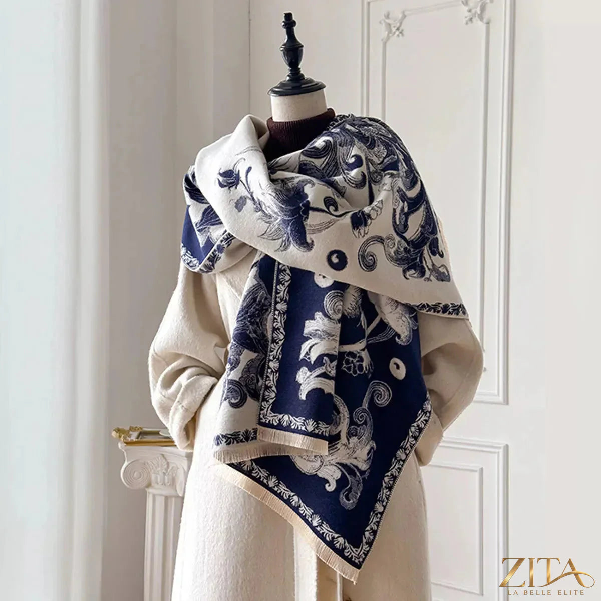 Floral raw hem winter scarf by Zita La Belle Elite featuring a soft fabric with a vibrant floral pattern and raw edge detail.