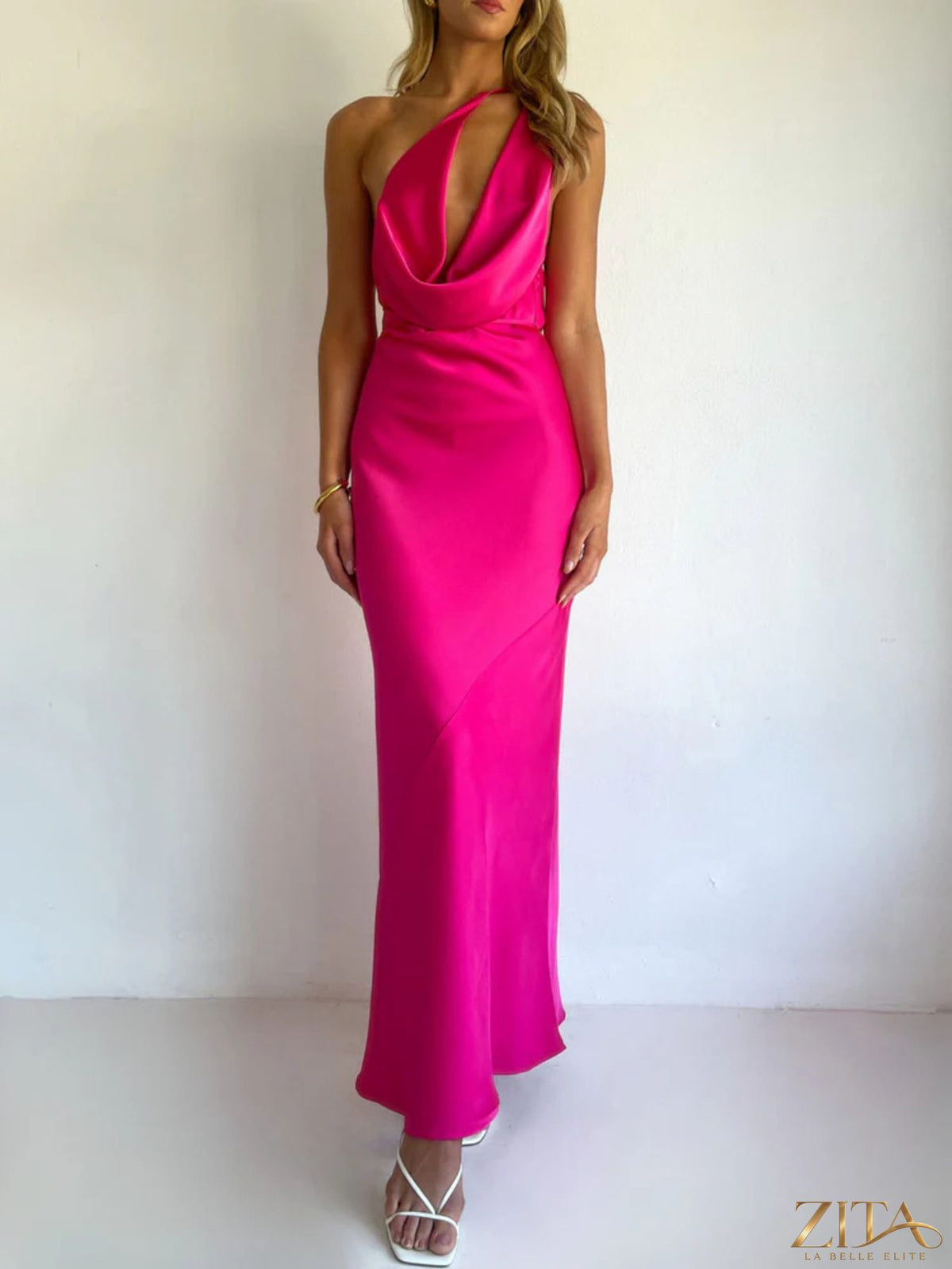 Zita La Belle Elite satin halter neck maxi dress with flowing fabric and elegant design, shown on a model.