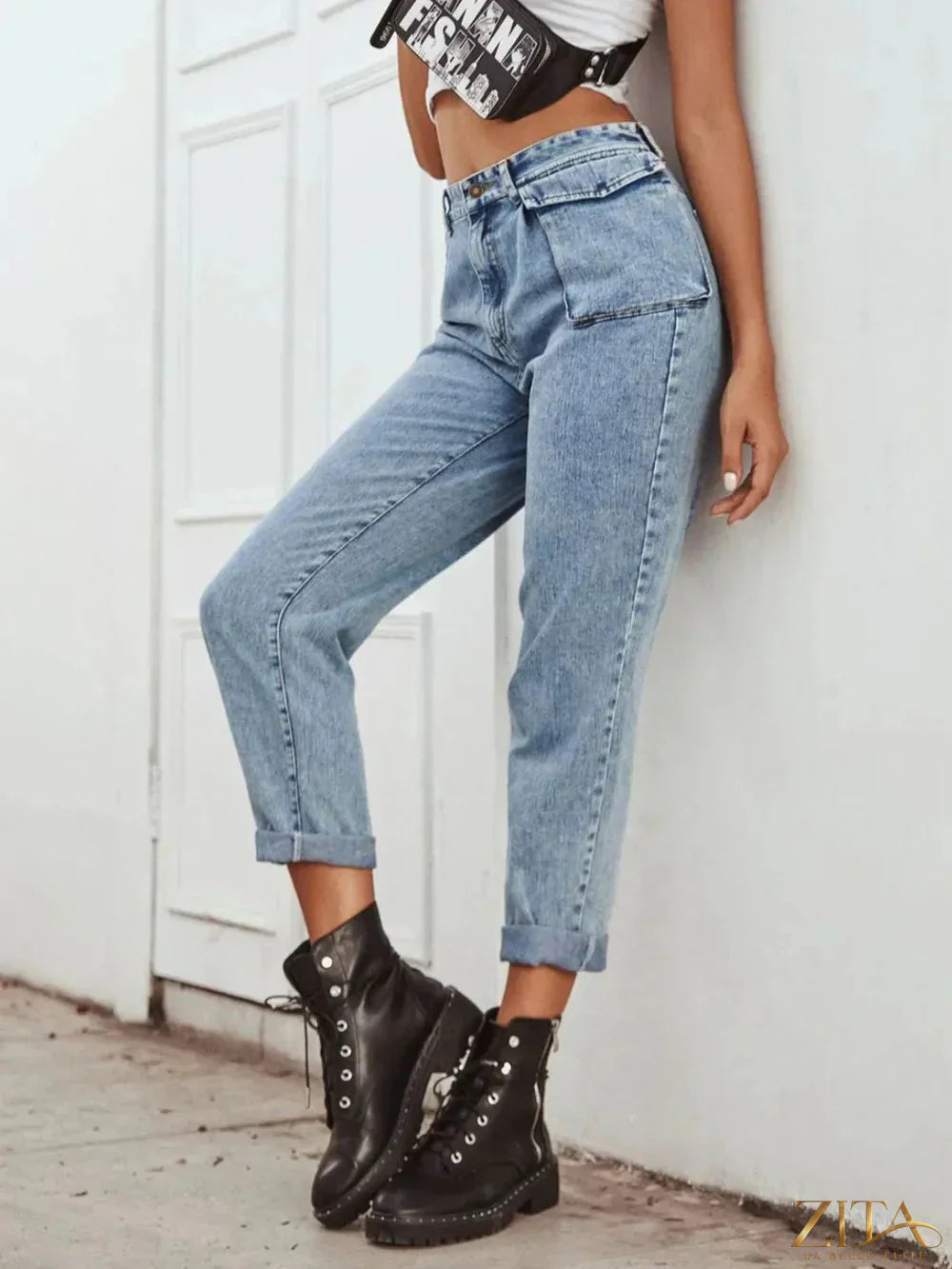 Zita La Belle Elite high waist straight leg jeans showing a close-up of denim fabric and classic fit style.