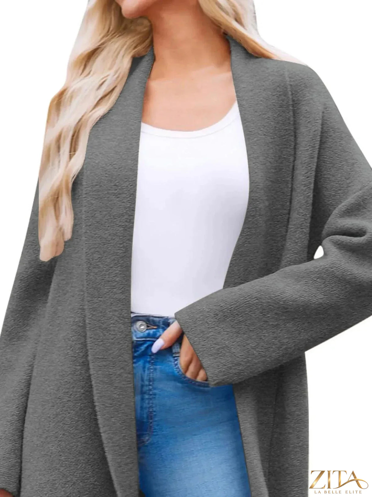 Open front longline coat by Zita La Belle Elite, featuring a stylish design with a draped open front and long length.