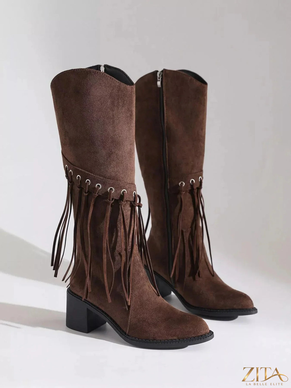 Zita La Belle Elite fringe point toe block heels boots with stylish design and textured details, perfect for fashionable footwear.