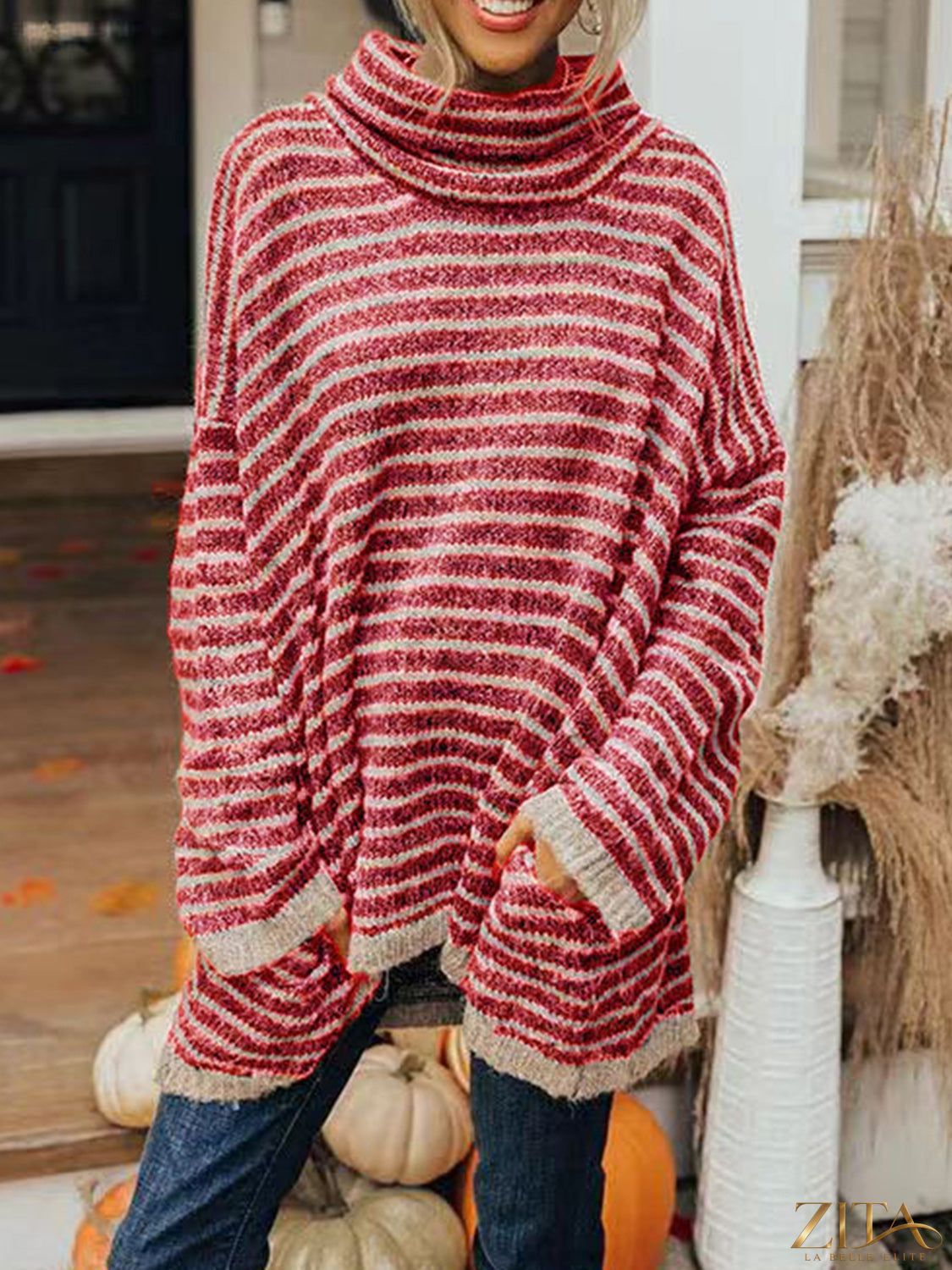 Zita La Belle Elite striped turtleneck sweater with pockets, featuring a cozy knit design in a stylish pattern.