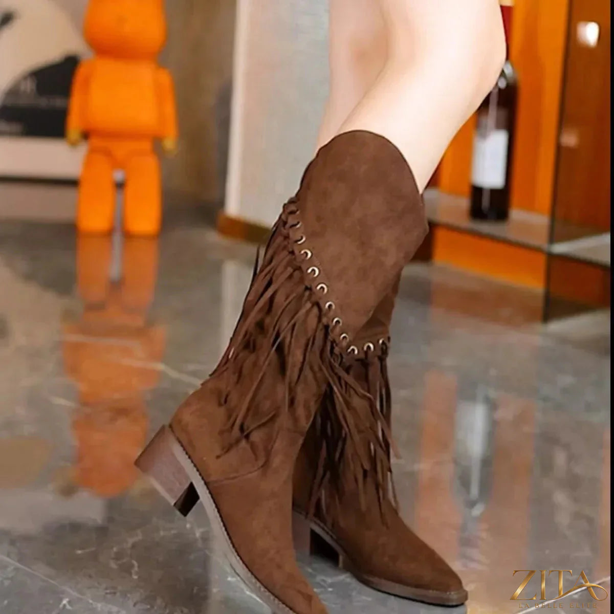 Zita La Belle Elite fringed point toe block heel boots with textured fringe detailing and sleek silhouette in black leather