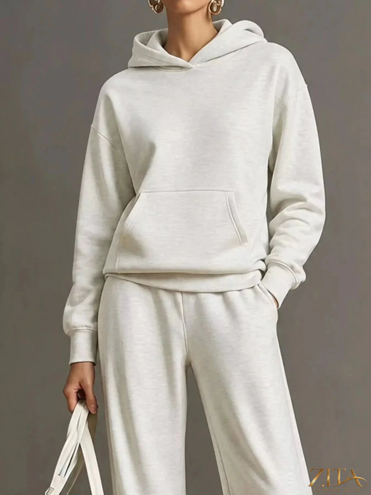 Zita La Belle Elite kangaroo pocket hoodie and matching pants set, casual two-piece outfit with cozy fabric and stylish design.