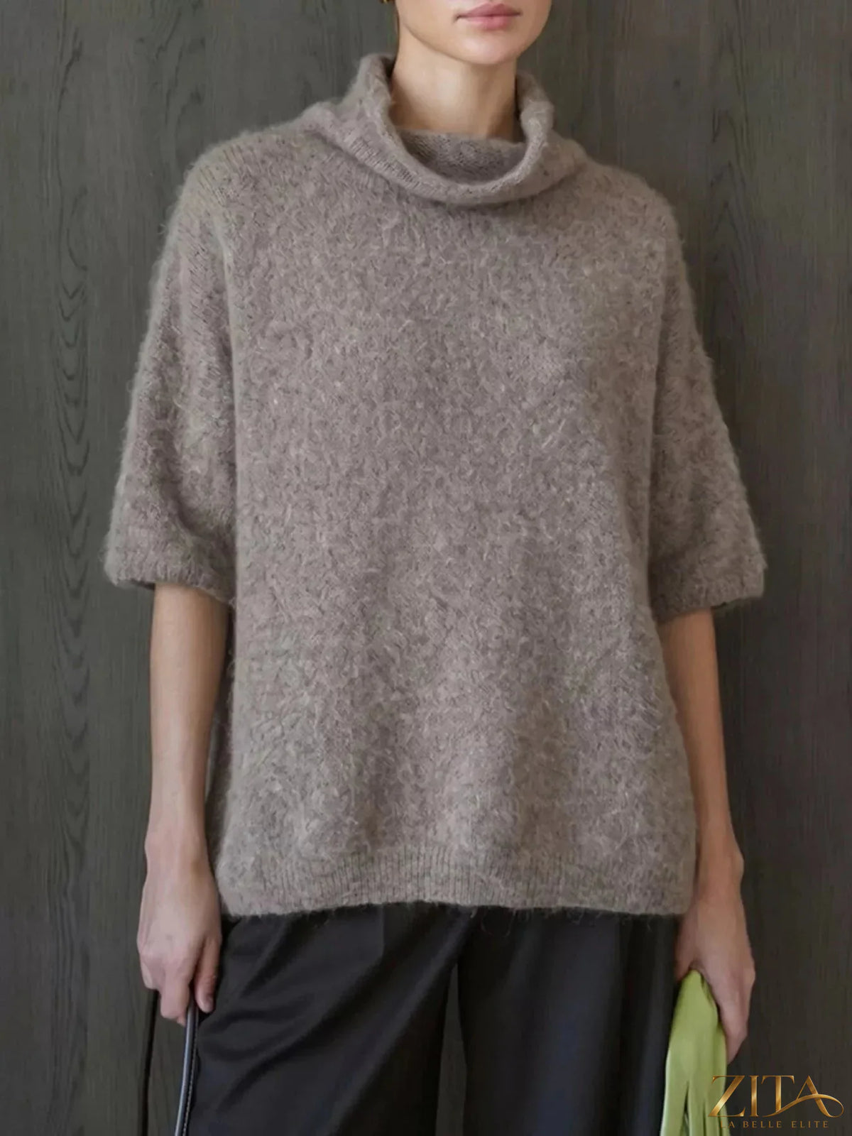 Zita La Belle Elite fuzzy short sleeve turtleneck sweater in soft, cozy fabric, displayed on a neutral background.