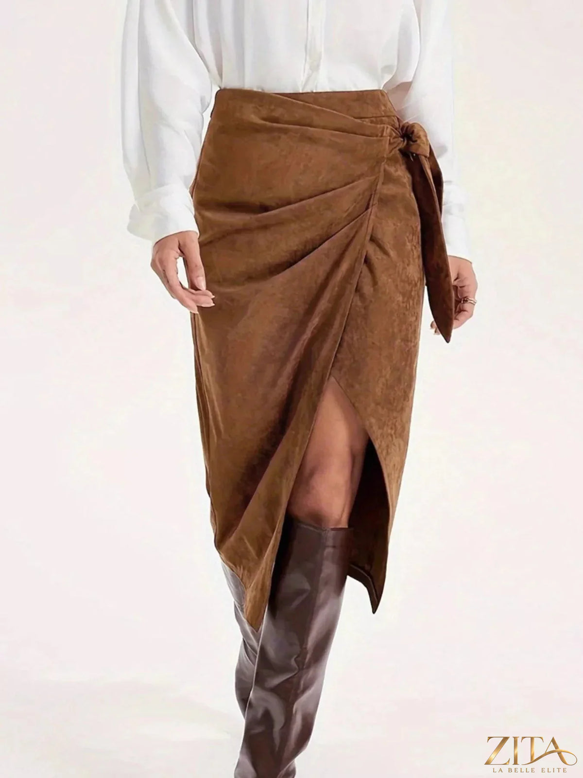 Trendsi wrap midi skirt in soft fabric with a tie waist, flowing silhouette, and midi length, perfect for casual or dressy outfits.