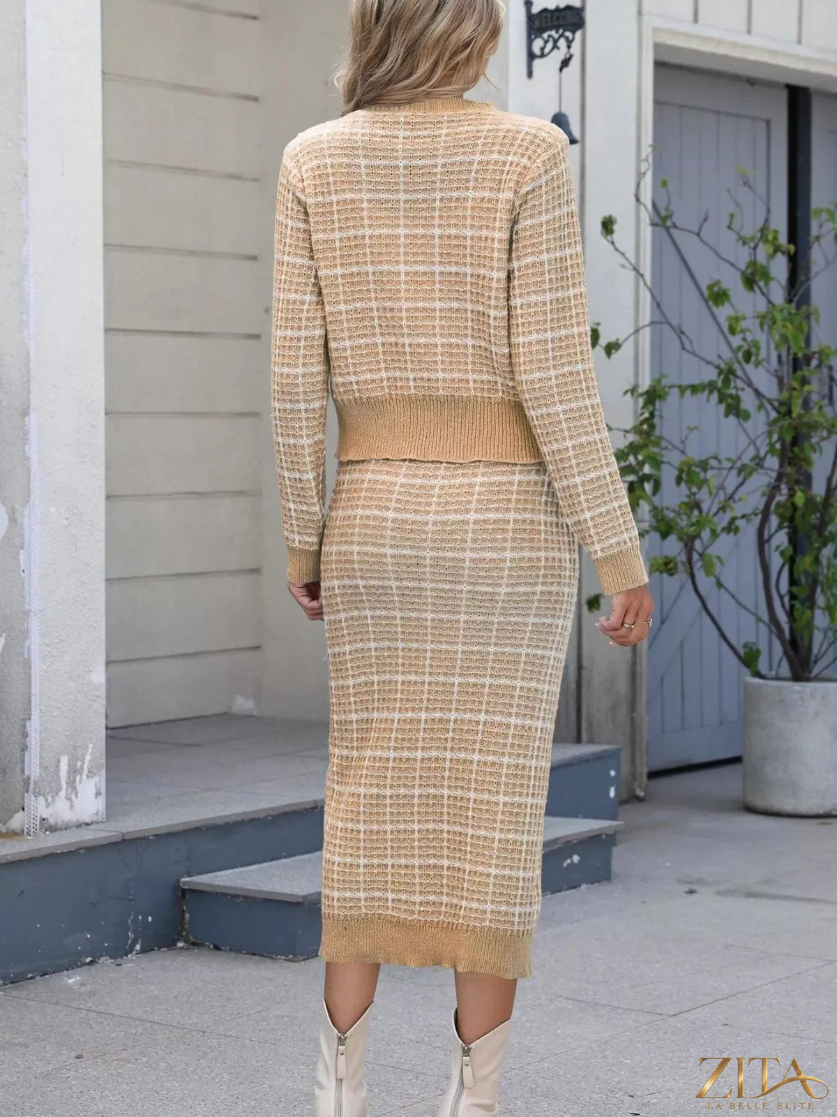 Zita La Belle Elite plaid knit cardigan and midi skirt sweater set, featuring a cozy, stylish matching knit ensemble in a plaid pattern.