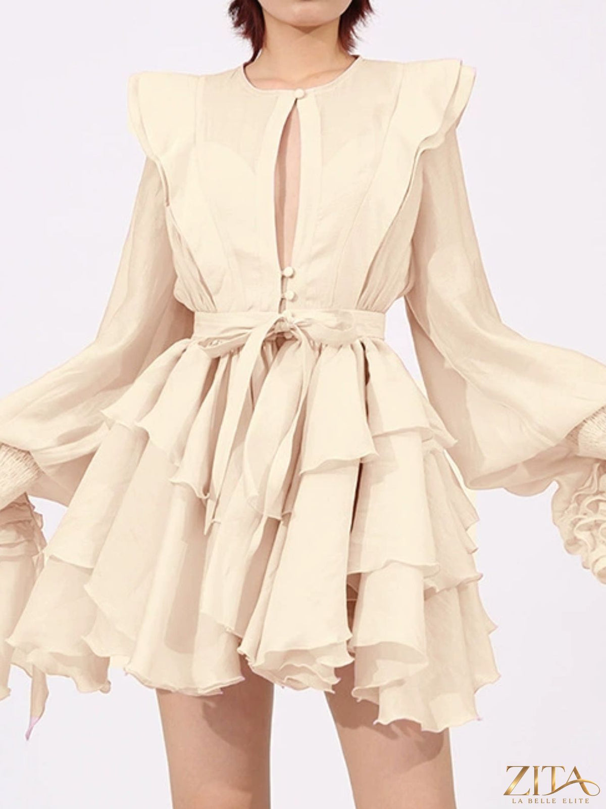 Ruffled long sleeve mini dress by Trendsi, featuring a feminine design with ruffle details and a flattering fit.