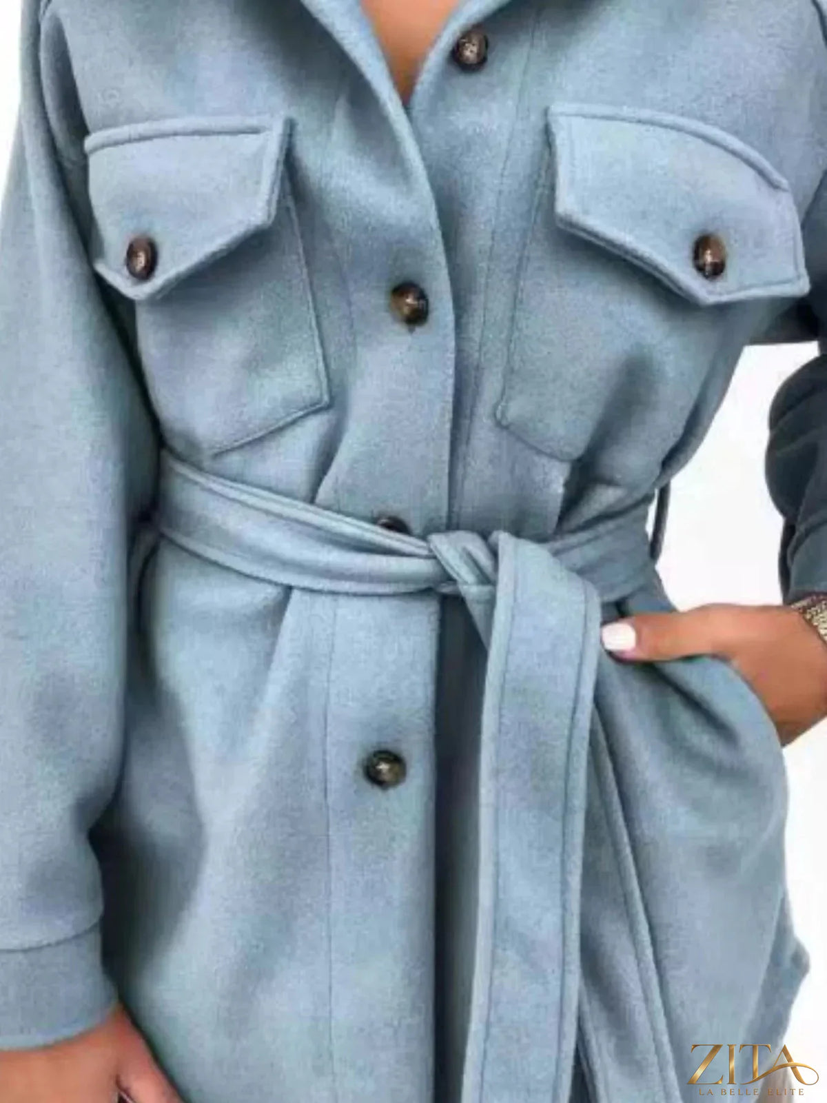 Zita La Belle Elite button-down tie waist coat, beige with front buttons and belt, stylish and tailored for a chic look