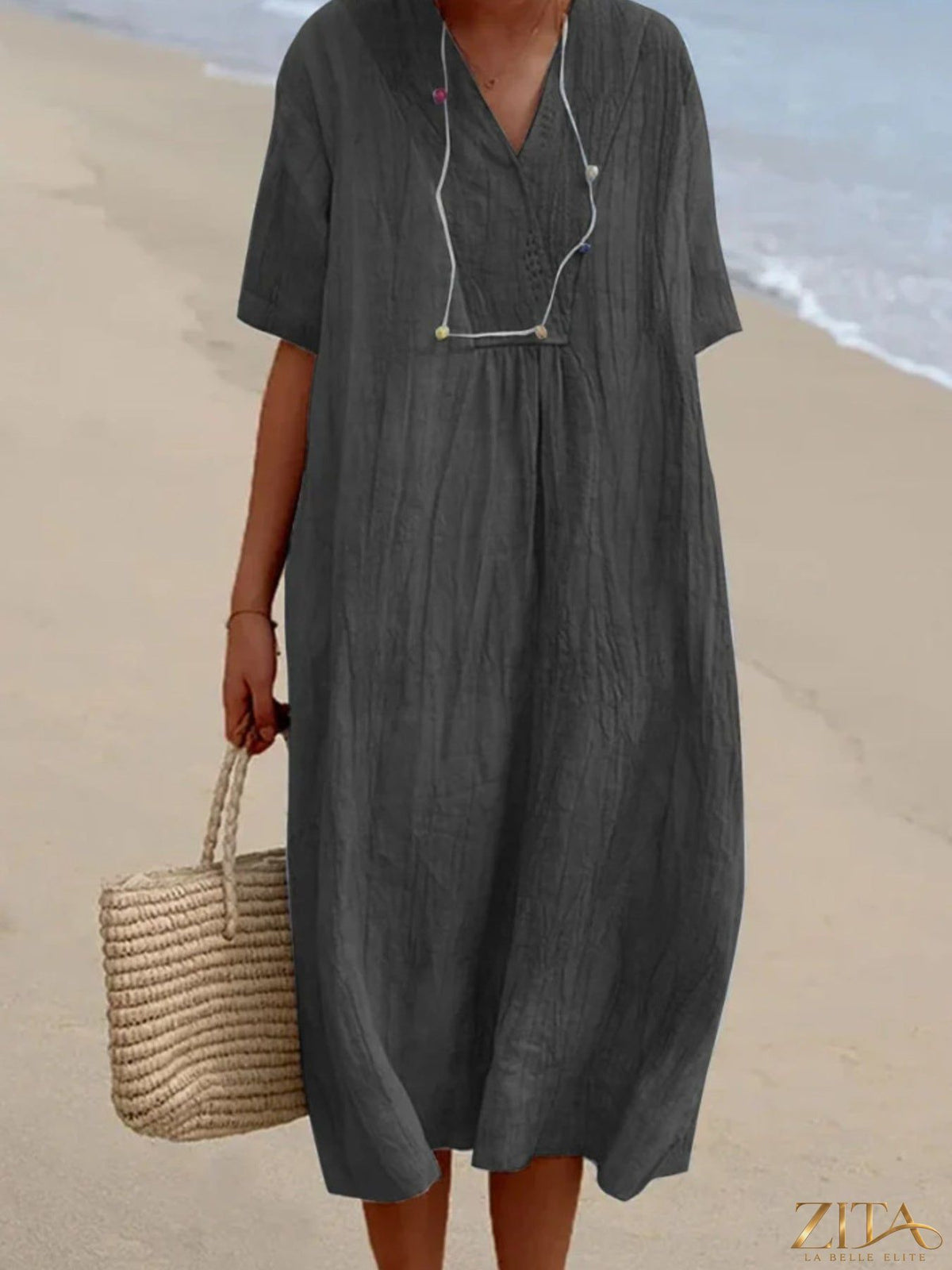 Zita La Belle Elite casual loose short sleeve midi dress, soft fabric, relaxed fit, and stylish design for everyday wear.