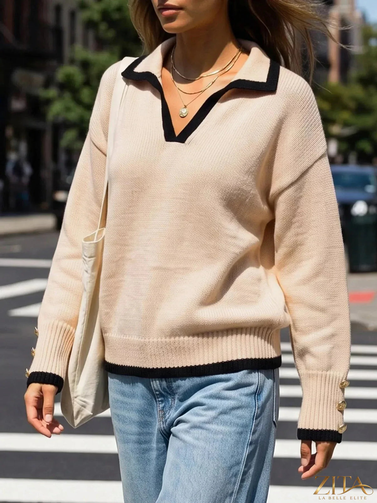 Zita La Belle Elite contrast trim polo collar sweater in a cozy knit with stylish detailing and a classic fit.
