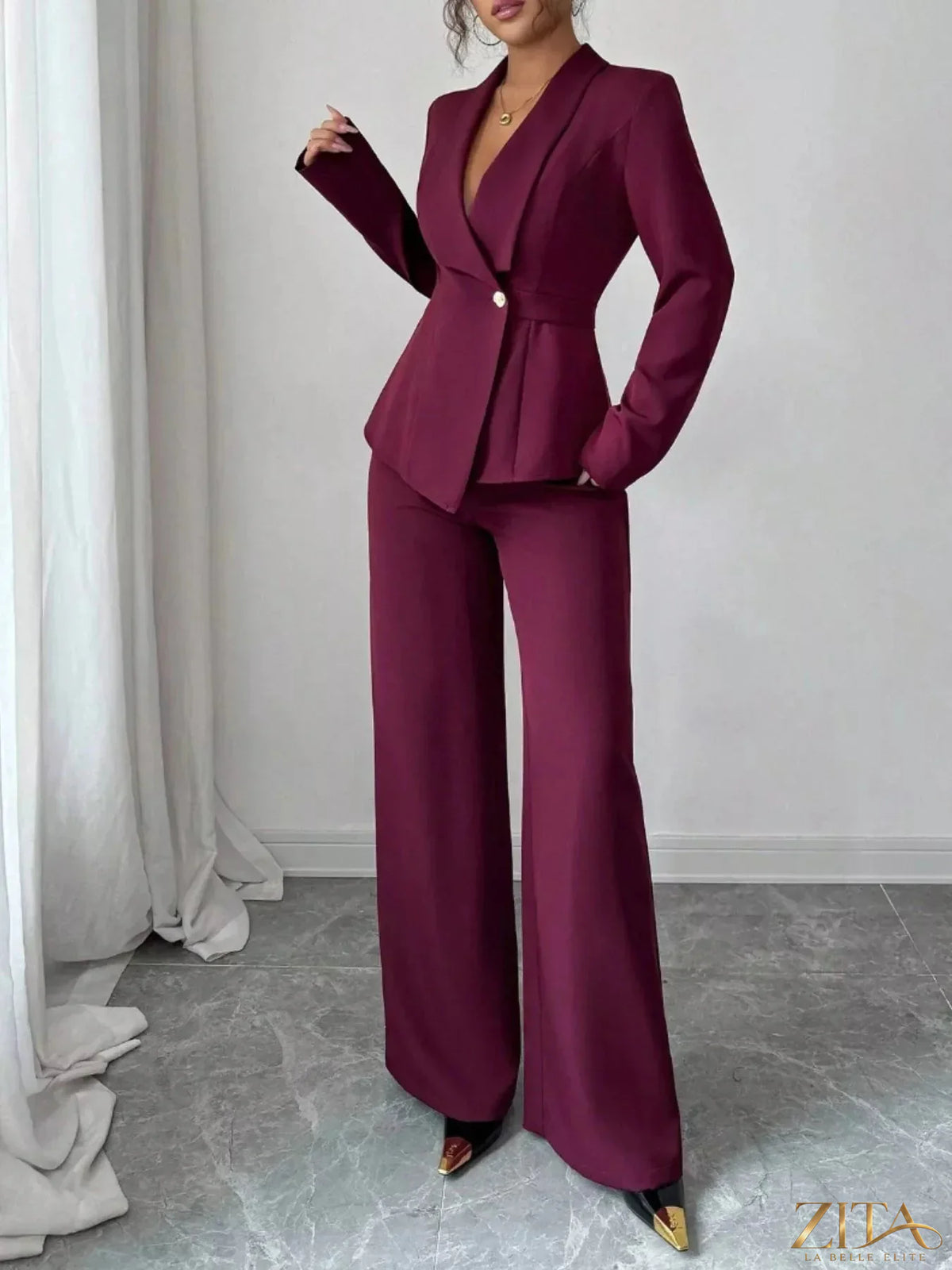 Zita La Belle Elite one-button blazer and matching pants set in classic tailored style, shown on a model.