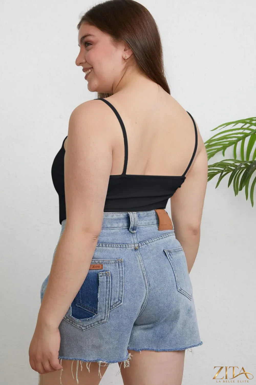 Zita La Belle Elite Basic Bae full size round neck slim cami in plus size, white, close-up of the fitted sleeveless top.