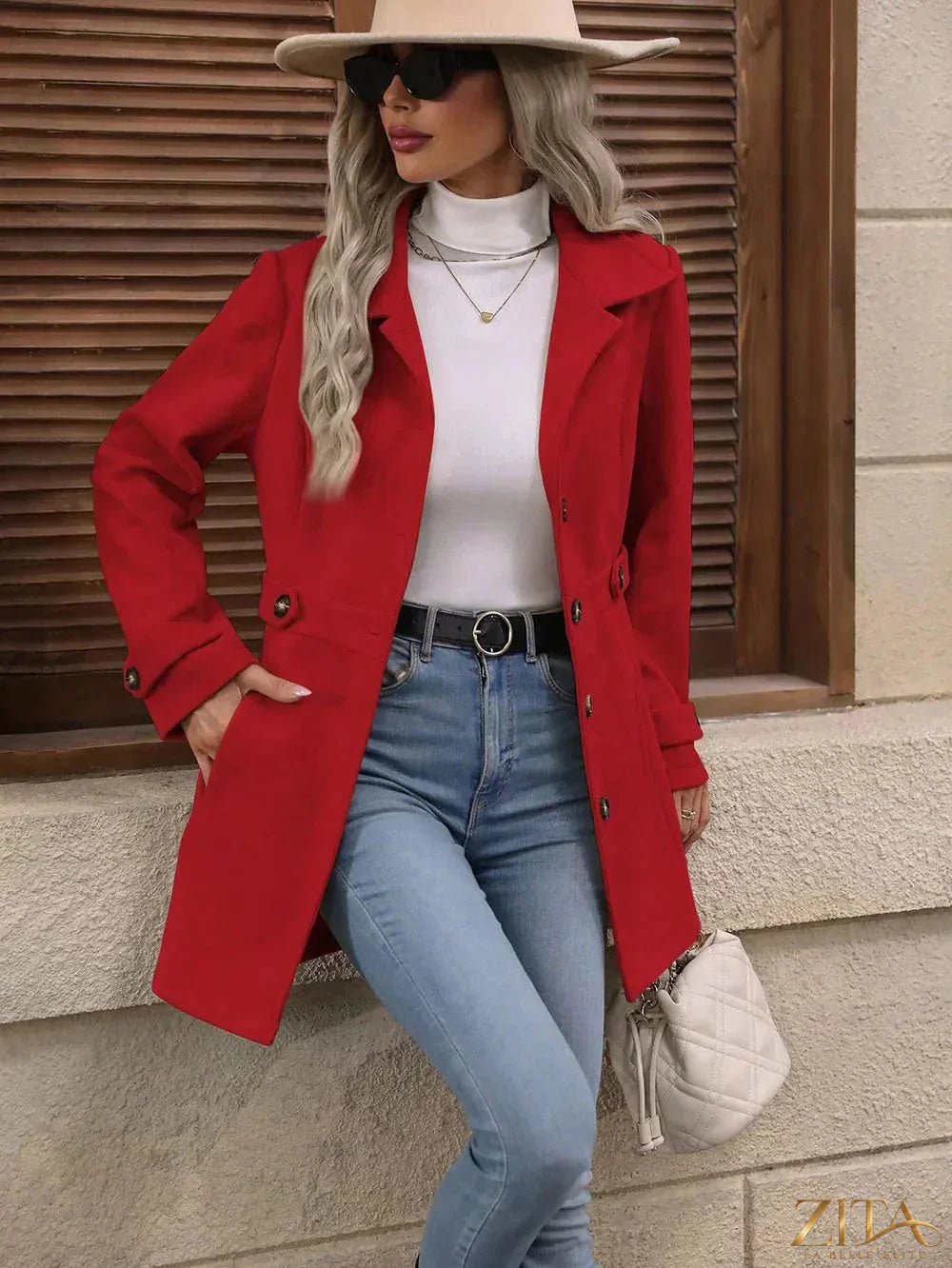 Zita La Belle Elite collared neck button-up coat with front buttons and tailored fit, shown in a stylish outerwear design.