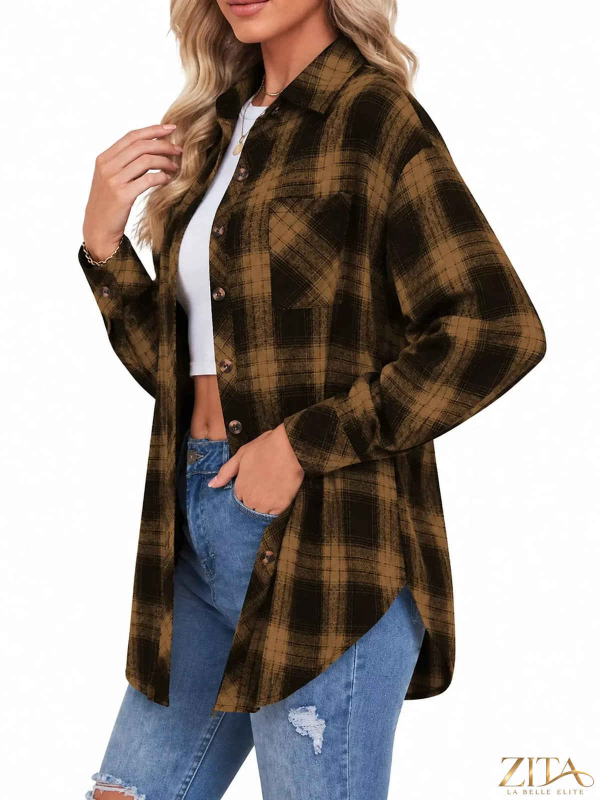 Zita La Belle Elite plaid button-down oversized shirt with a relaxed fit, featuring a classic checkered pattern and front buttons.