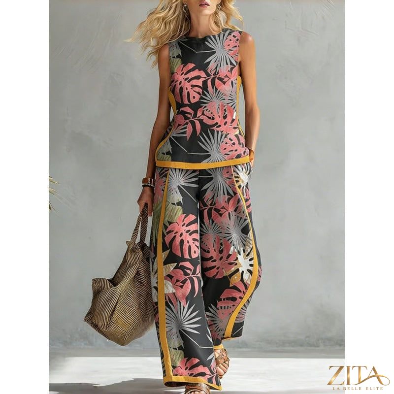 Printed retro sleeveless top and wide-leg pants set by Zita La Belle Elite, featuring vibrant 12 print designs in various sizes.
