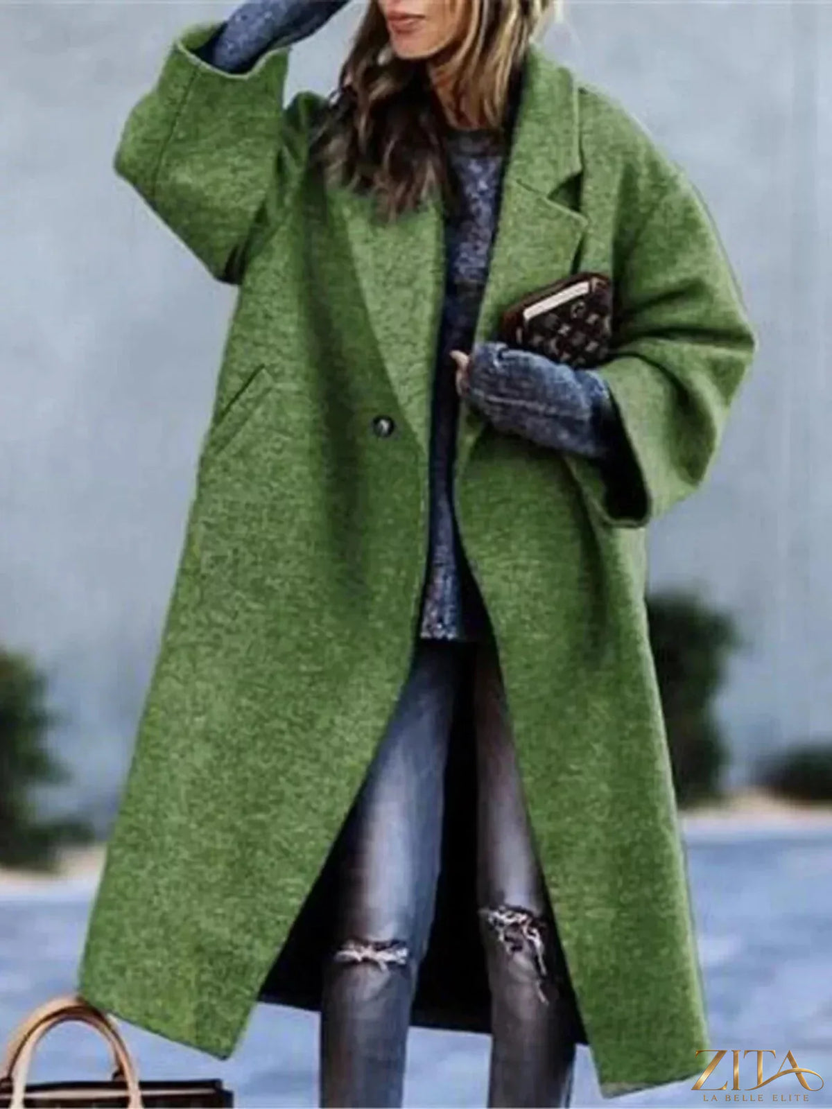 Plus size Zita La Belle Elite coat with lapel collar and one-button closure, full-length coat in a classic style