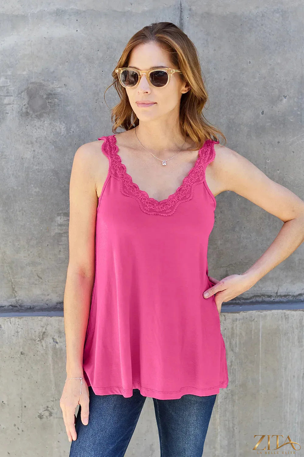 Zita La Belle Elite Basic Bae full-size lace detail V-neck cutout cami top with delicate lace accents and a stylish V-neck design.