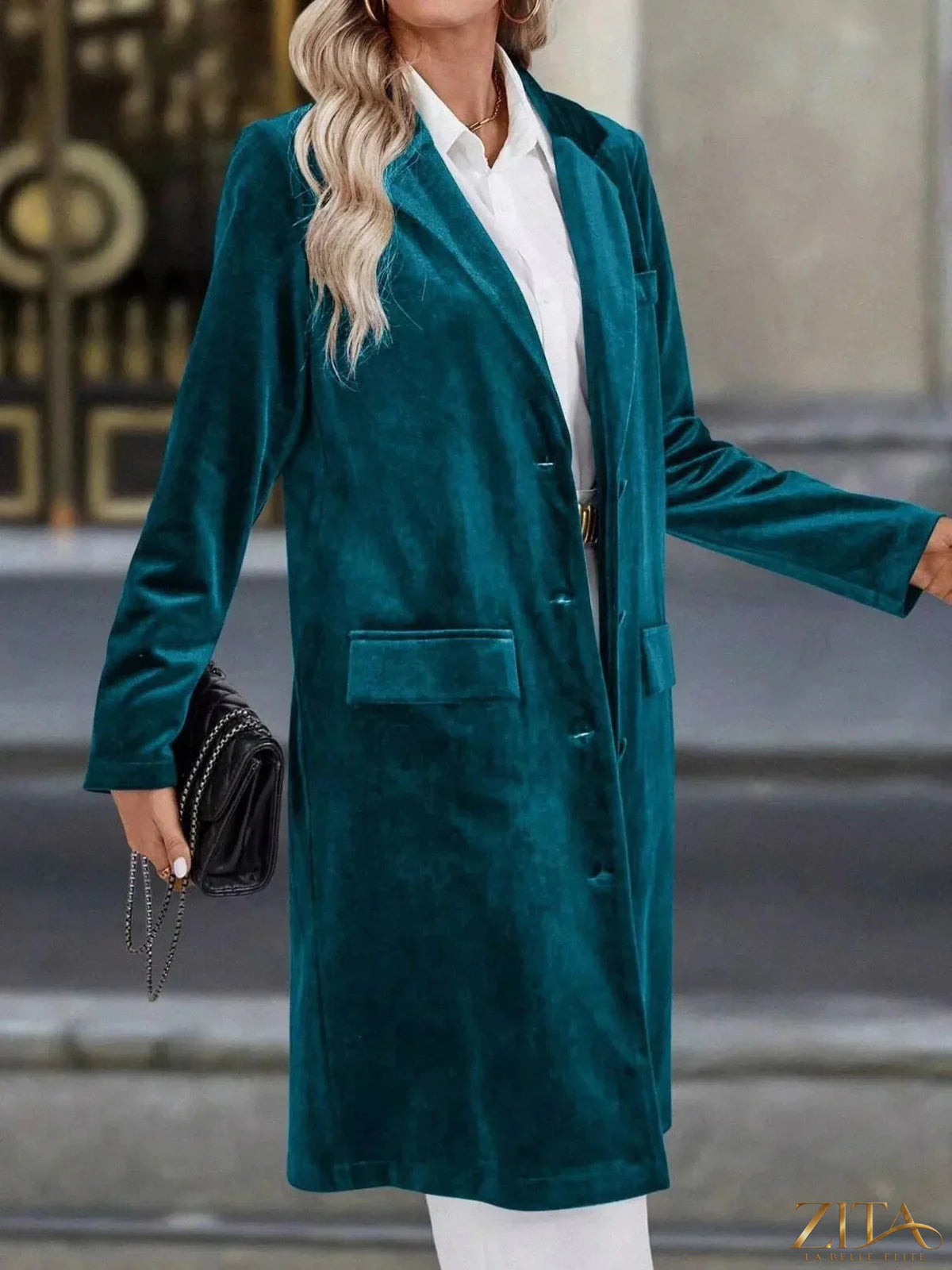 Zita La Belle Elite longline coat with lapel collar and long sleeves, stylish outerwear in a neutral color.