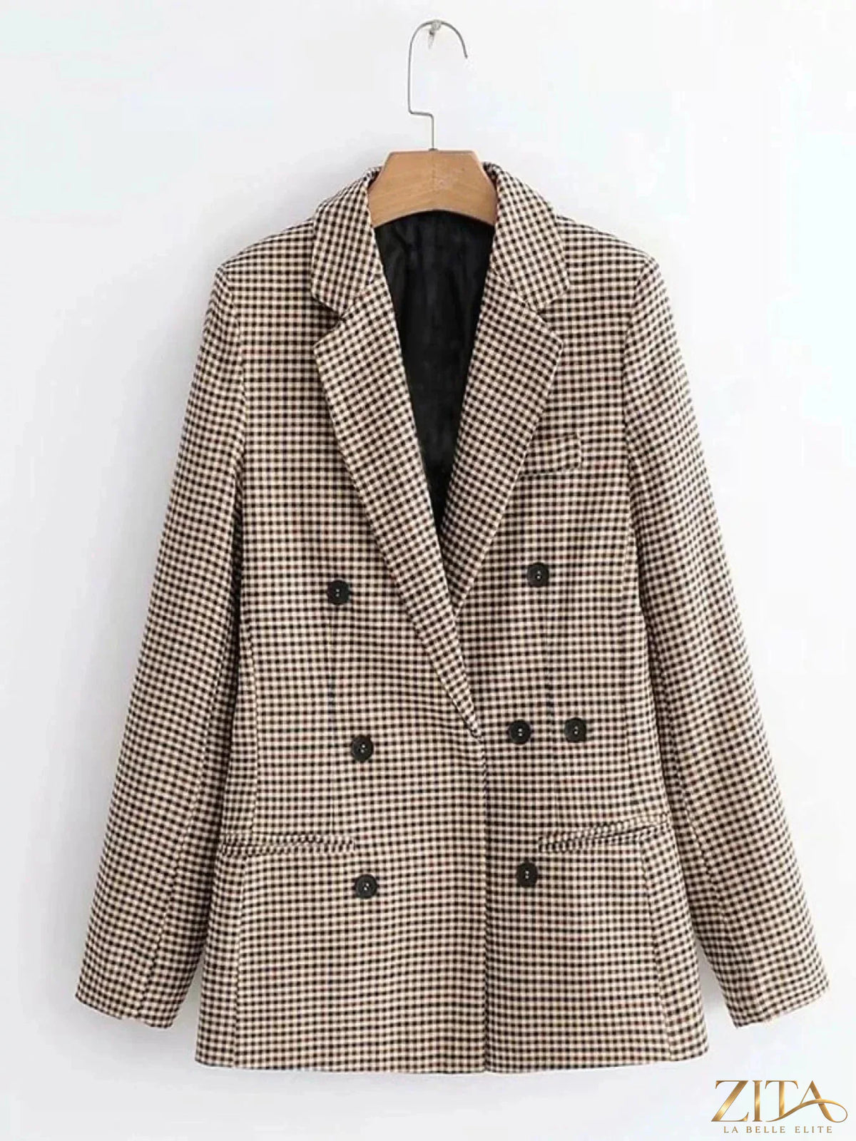 Zita La Belle Elite plaid blazer with lapel collar, long sleeves, tailored fit, suitable for formal or casual wear