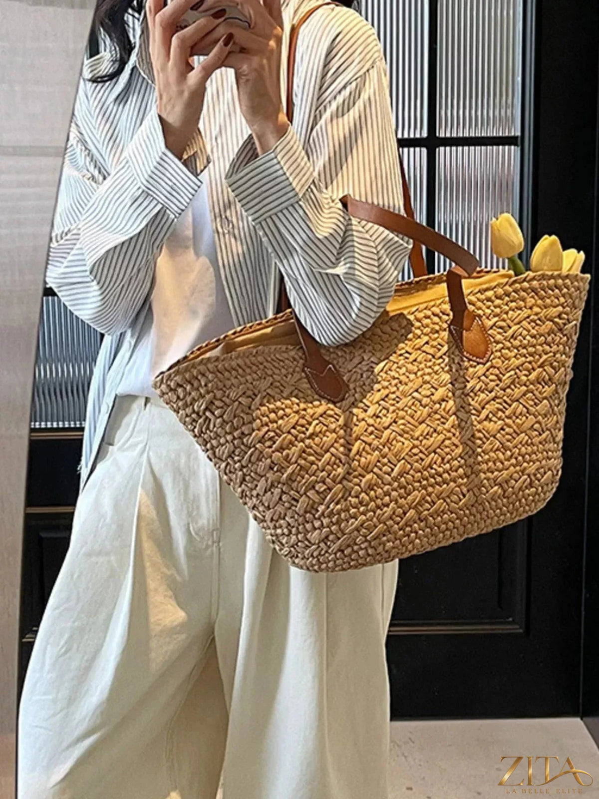 Zita La Belle Elite woven tote shoulder bag with natural fiber design, featuring sturdy handles and spacious interior for everyday use.