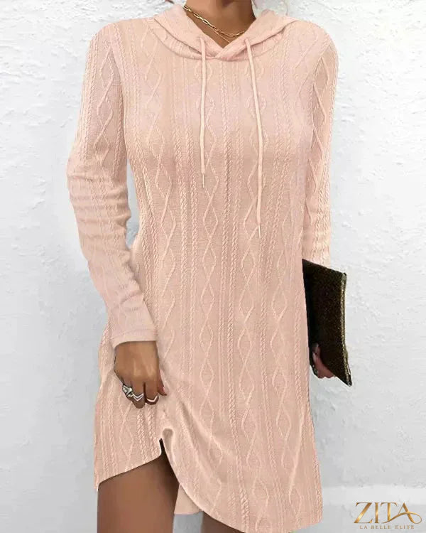 Zita La Belle Elite casual long sleeve hooded knit dress with a relaxed fit and comfortable fabric, displayed on a model.