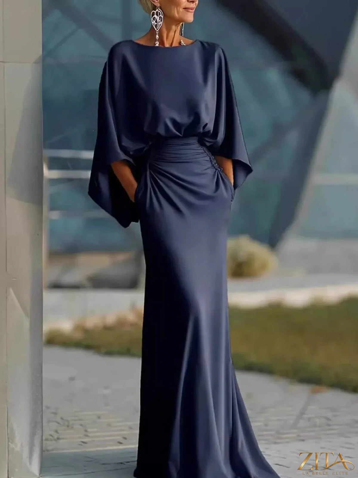 Zita La Belle Elite batwing sleeve ruched maxi dress in flowing fabric, featuring a fitted bodice and elegant design.