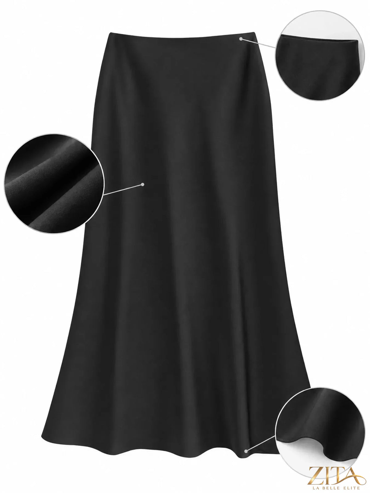 Plus size high-waisted satin midi skirt by Trendsi, featuring a smooth, shiny fabric and a flowing, elegant silhouette.