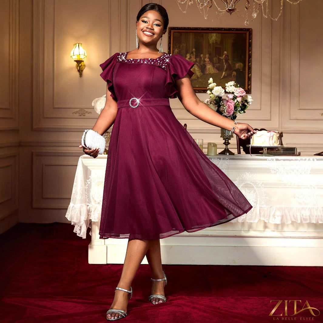 Elegant women's summer mesh dress with butterfly sleeves and ruffles by Zita La Belle Elite, perfect for parties and weddings.