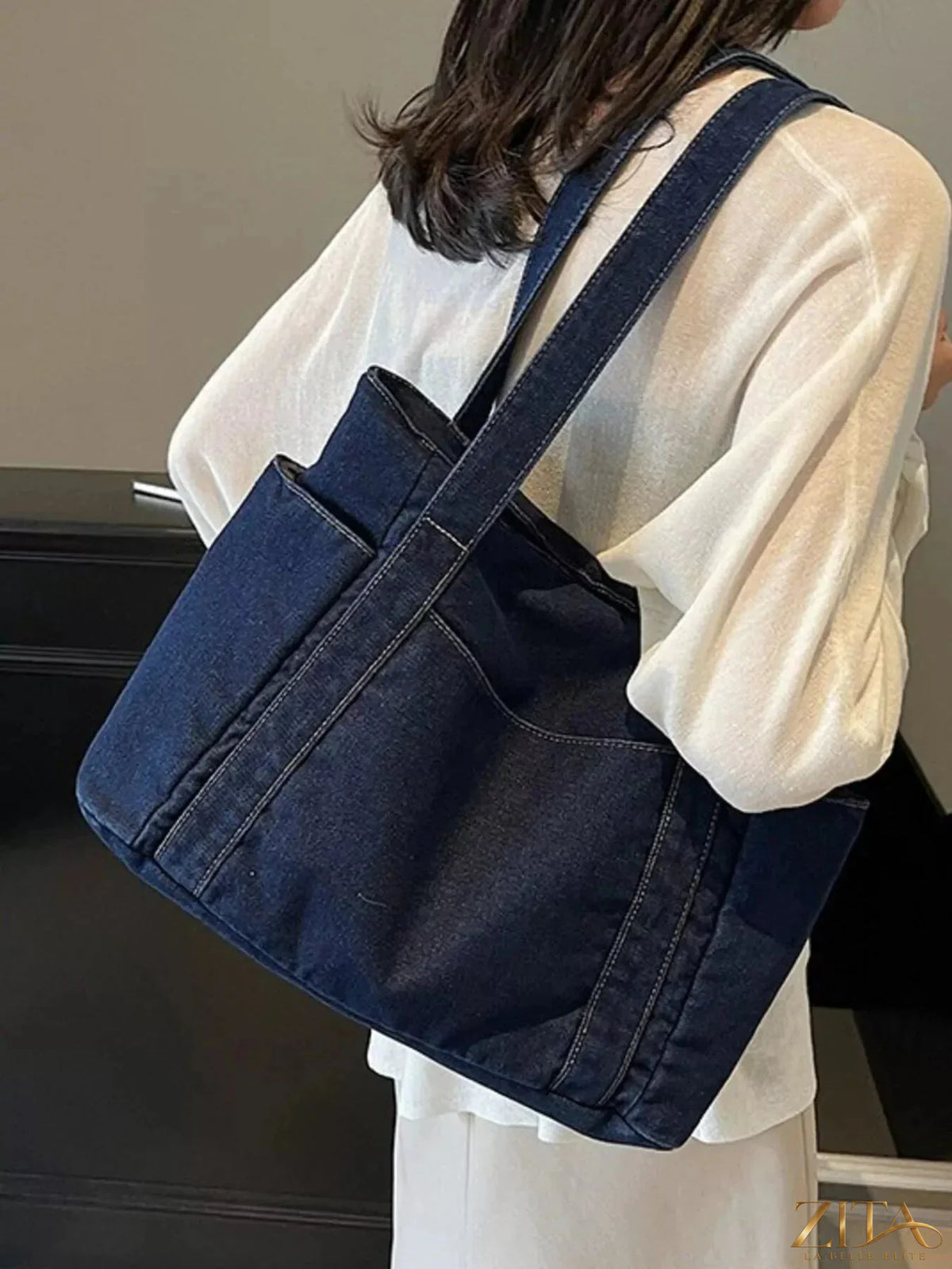 Zita La Belle Elite denim tote shoulder bag with sturdy handles and spacious interior, casual and stylish for everyday use.